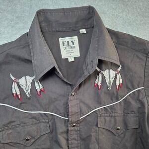 Ely Cattleman Mens Black Western Snap Shirt Bull Skull Embroidery Small